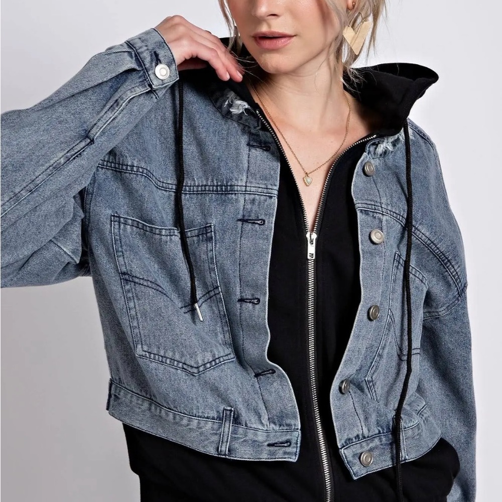 Denim Jacket with Attached Black Soft Fleece Lining and Hood S